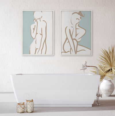 Sylvie Simple Romantic Line Art Drawing 2 Tan and Teal Framed Canvas by The Creative Bunch Studio