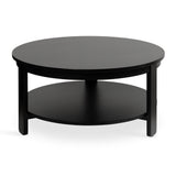 Round black wood coffee table with a smooth top surface and a lower circular shelf supported by four straight legs.