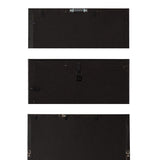 Three rectangular black wall picture frames shown from the back, featuring various hooks and clasps for mounting and securing artwork.