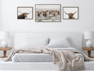 Sylvie Texas Longhorn, Highland Cow Portrait Close Color and Herd of Highland Cows Color Framed Canvas Art Set