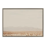 Framed canvas showing a muted desert landscape with sparse vegetation and distant low mountains under a pale, cloudy sky.