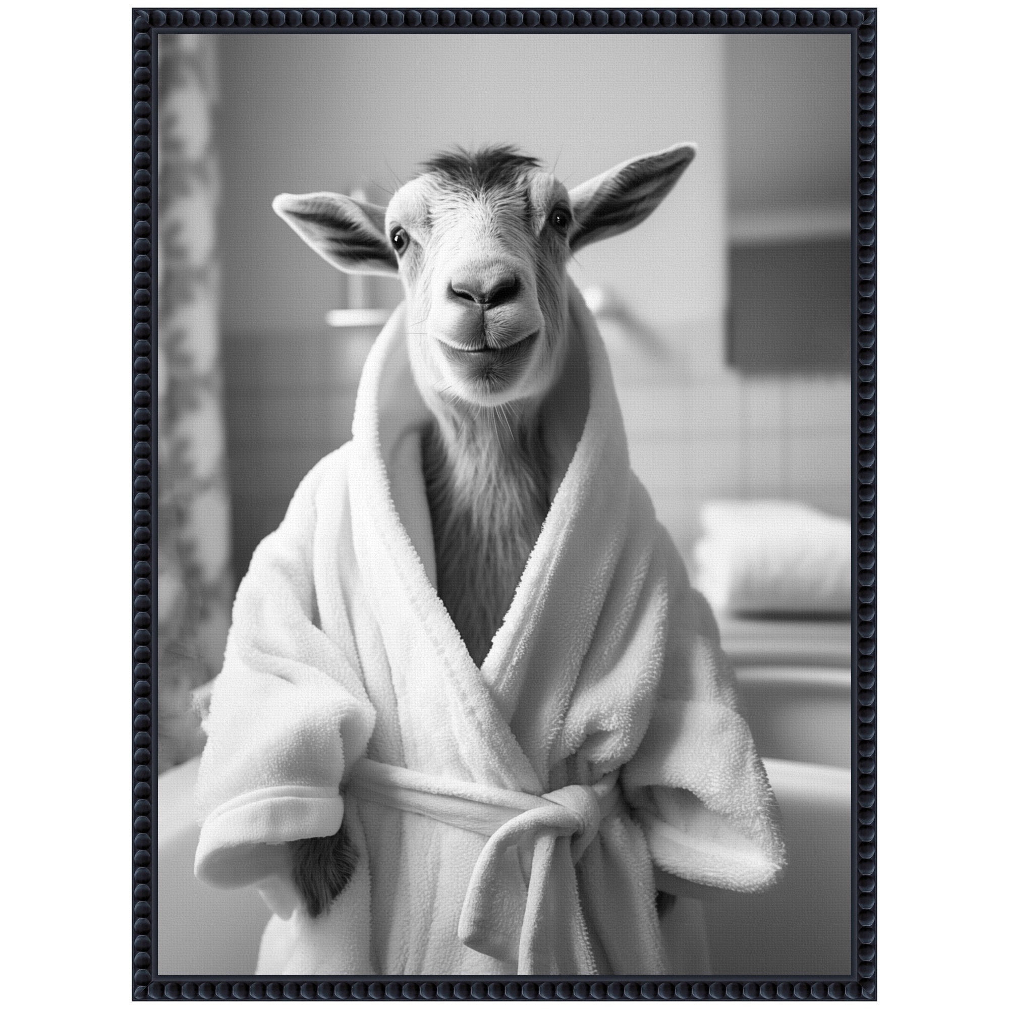 Sylvie Goat Bathroom Art Towel Robe Black and White Framed Canvas by The Creative Bunch Studio