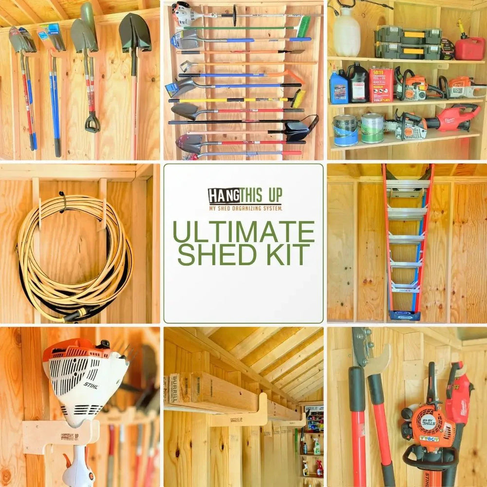 Ultimate Shed Organization Kit components organized on a shed wall including racks, hooks, and brackets