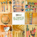 Ultimate Shed Organization Kit components organized on a shed wall including racks, hooks, and brackets