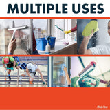 Collage showing various glass cleaning activities including wiping windows with a squeegee, spraying cleaner, scrubbing with a green cloth, cleaning high windows with safety gear, and cleaning glass with a long-handled brush.