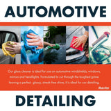 Five-panel collage showing hands wiping automotive glass and headlights with various colored cloths and a brush for car detailing.