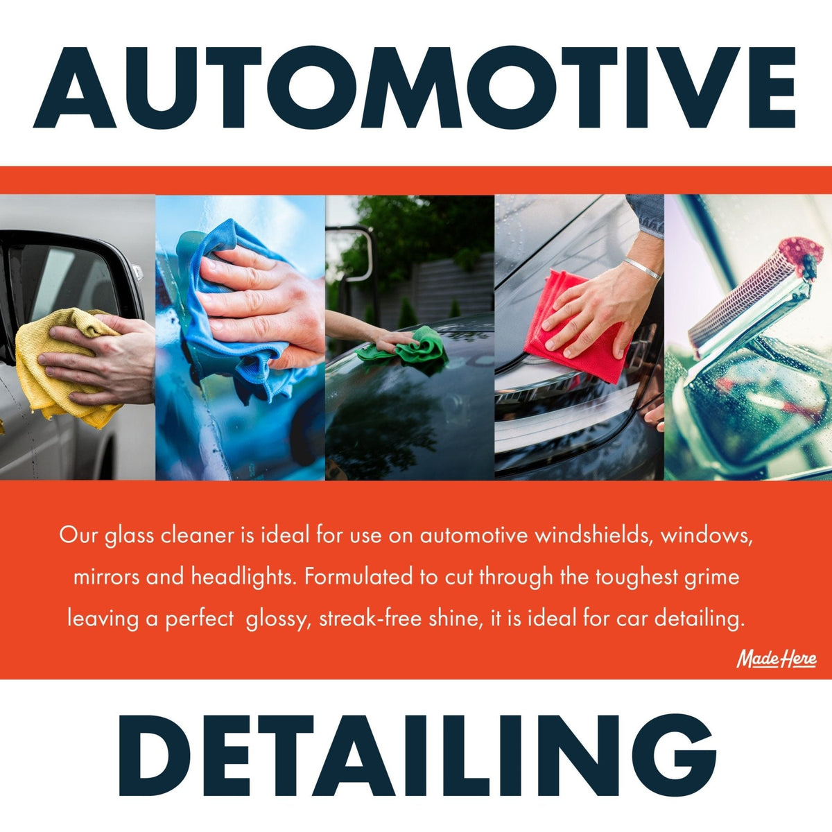 Five-panel collage showing hands wiping automotive glass and headlights with various colored cloths and a brush for car detailing.