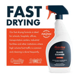 White spray bottle of glass cleaner with navy blue label and orange trigger, next to text highlighting fast drying formula ideal for high foot traffic areas.