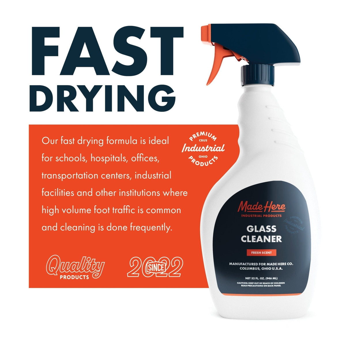 White spray bottle of glass cleaner with navy blue label and orange trigger, next to text highlighting fast drying formula ideal for high foot traffic areas.