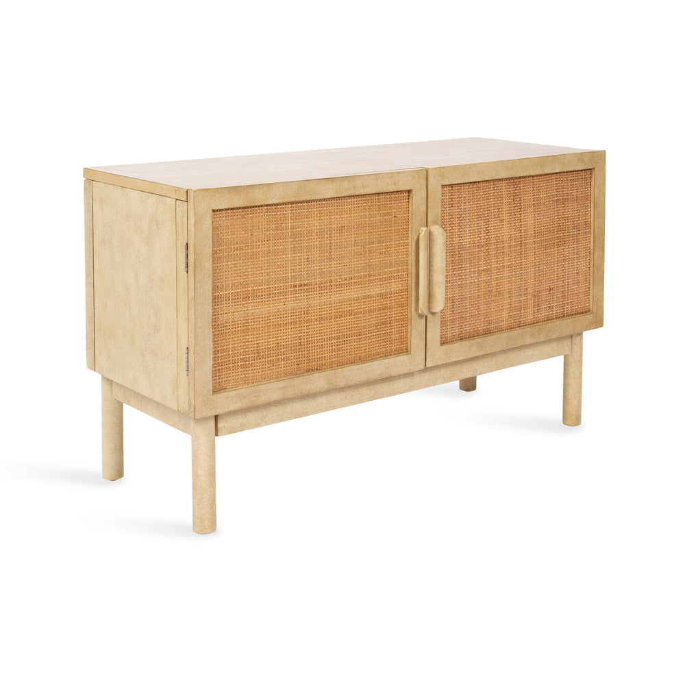 Ori Rattan Console Floor Cabinet showing wood veneer structure, cane rattan doors, and magnetic closures