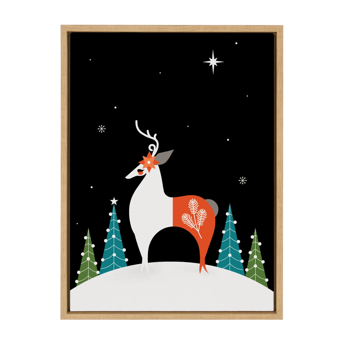 Stylized white and orange reindeer with a red flower and pine twig on its body, standing on snow with blue and green decorated pine trees and stars on a black background.