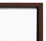 Close-up of a white canvas with a dark brown wooden frame corner showing clean lines and fine fabric texture.