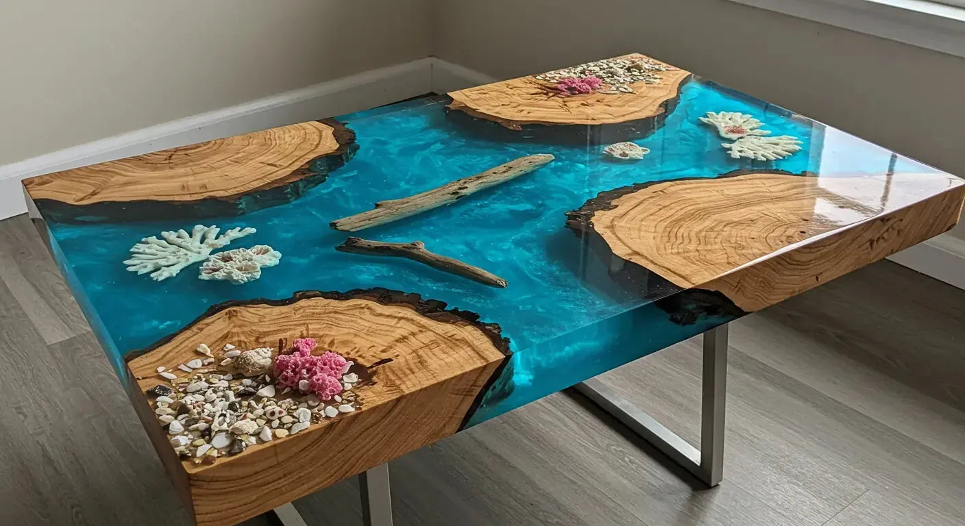 Underwater-inspired epoxy and wood resin table with embedded coral, crushed shells, and driftwood, viewed from above, crystal-clear blue resin mimicking ocean depth
