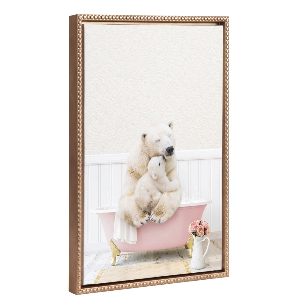 Framed canvas art depicting mother and baby polar bear surrounded by cottage rose bath design in gold beaded frame