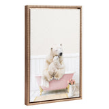 Framed canvas art depicting mother and baby polar bear surrounded by cottage rose bath design in gold beaded frame