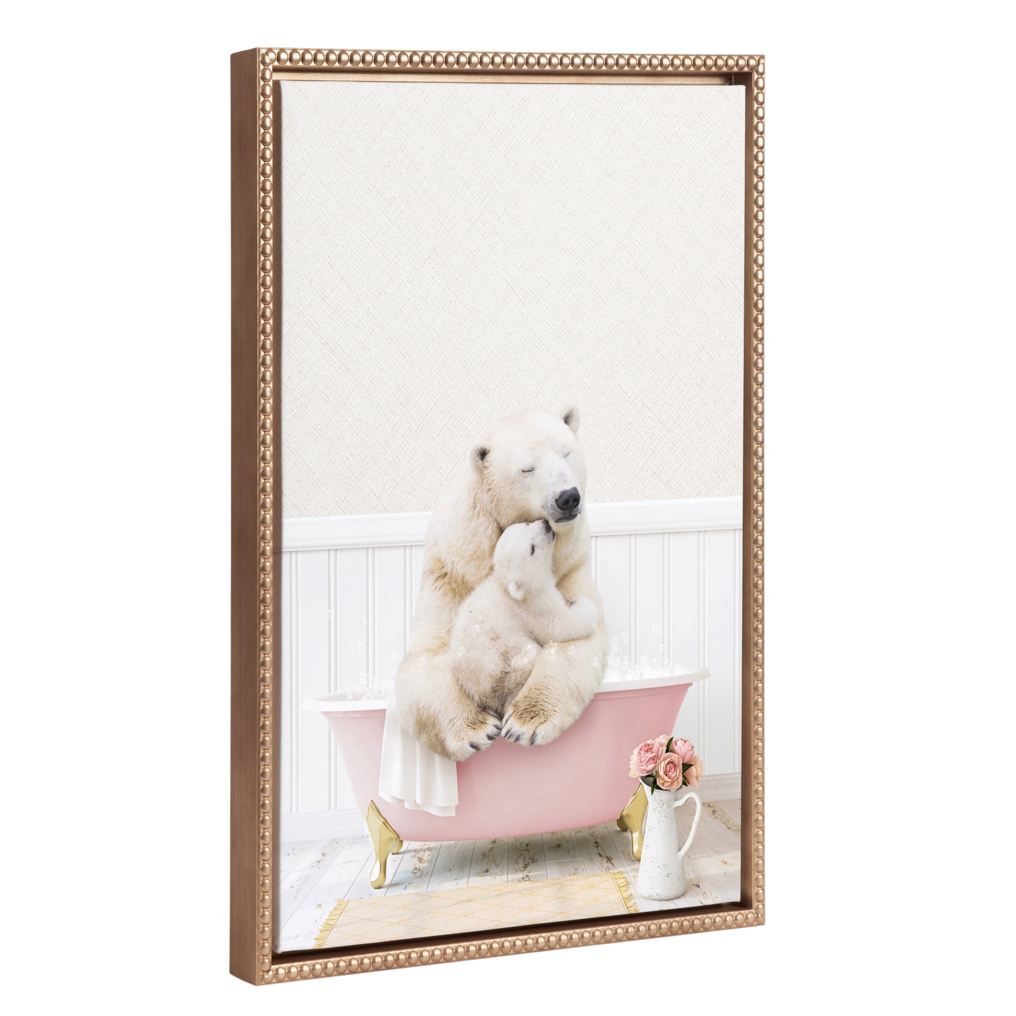 Framed canvas art depicting mother and baby polar bear surrounded by cottage rose bath design in gold beaded frame