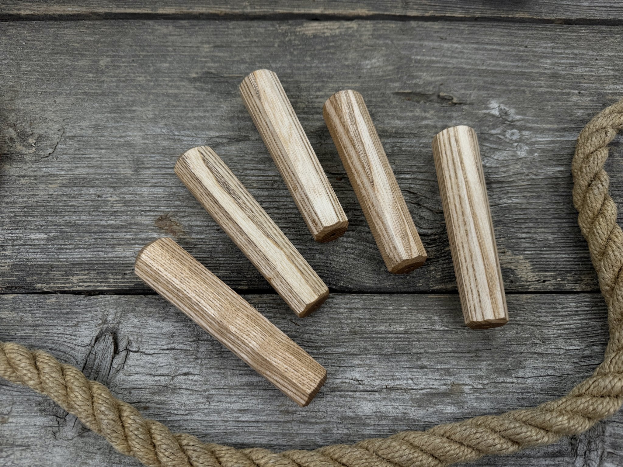 Set of 5 universal wooden handles made from ash wood with tapered ergonomic design