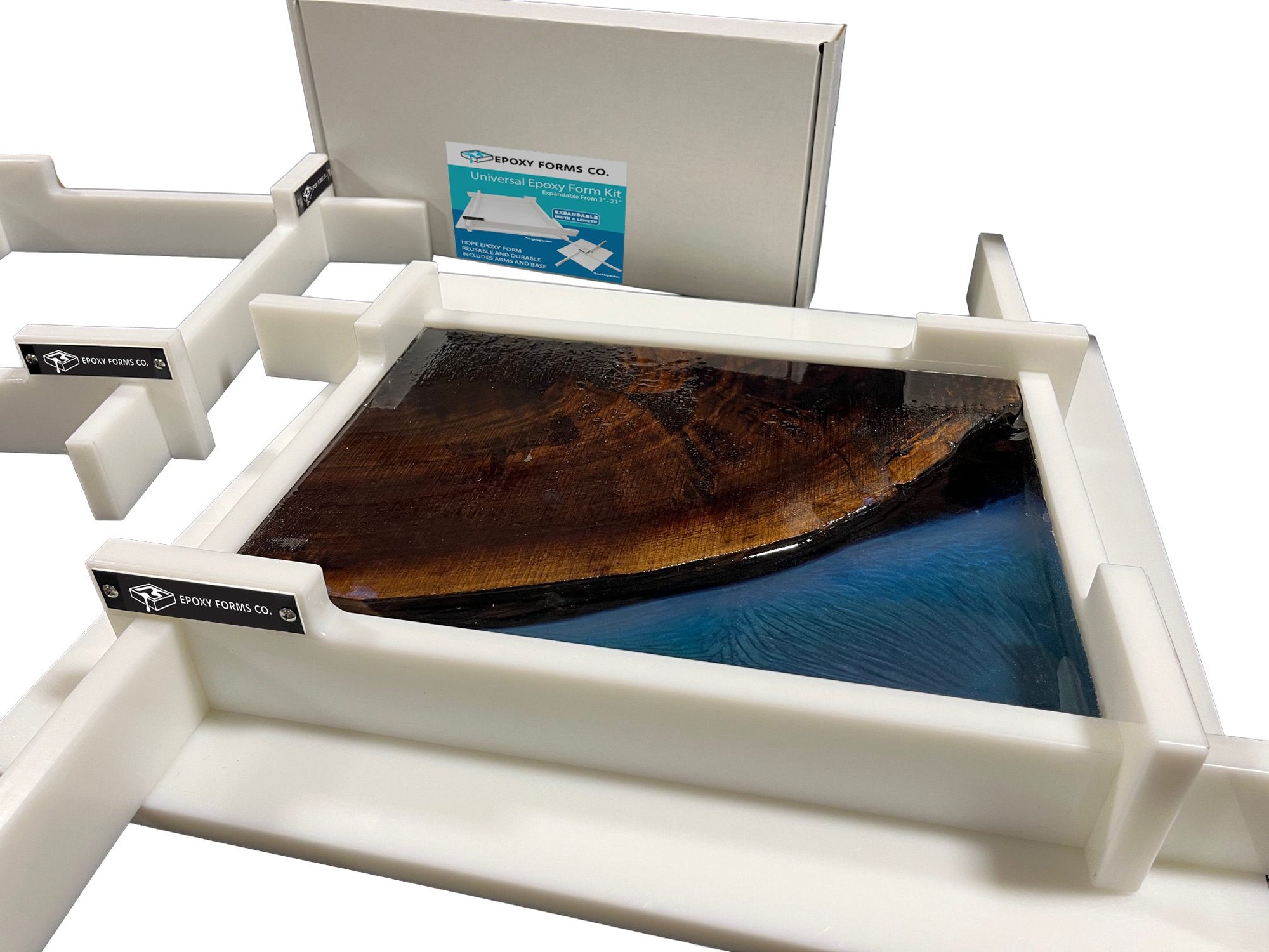 Universal Epoxy Form Kit showing adjustable HDPE side walls and base for resin casting