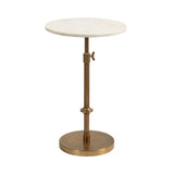 Round white marble table top on adjustable antique brass metal pedestal with wingnut and circular base, shown against a white background.