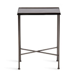 Slim side table with a square textured brown top supported by a black metal frame with four slender legs and crossbars near the bottom for stability.