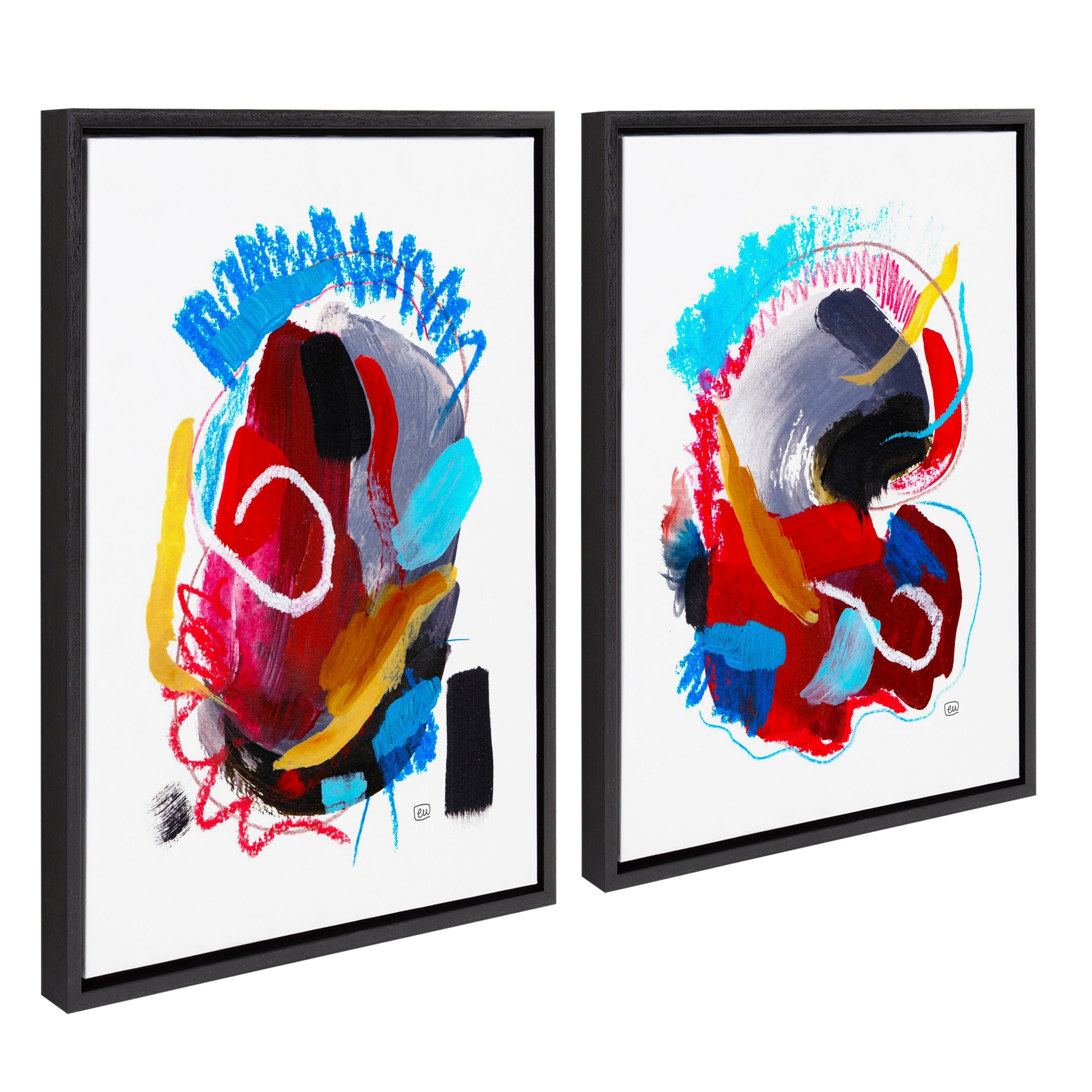 Sylvie Intensity No 1 and 2 framed canvas art set by Erika Wynn showing abstract forms in complementary colors within modern floating polystyrene frames