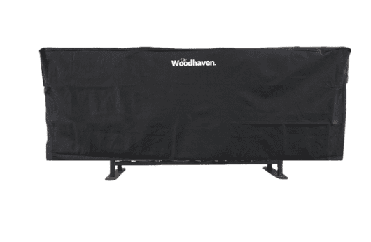 Woodhaven Full Firewood Rack Cover on firewood rack in outdoor setting