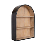 Arch-shaped wooden wall shelf with natural wood interior and black painted exterior, featuring two horizontal shelves and a rounded top.