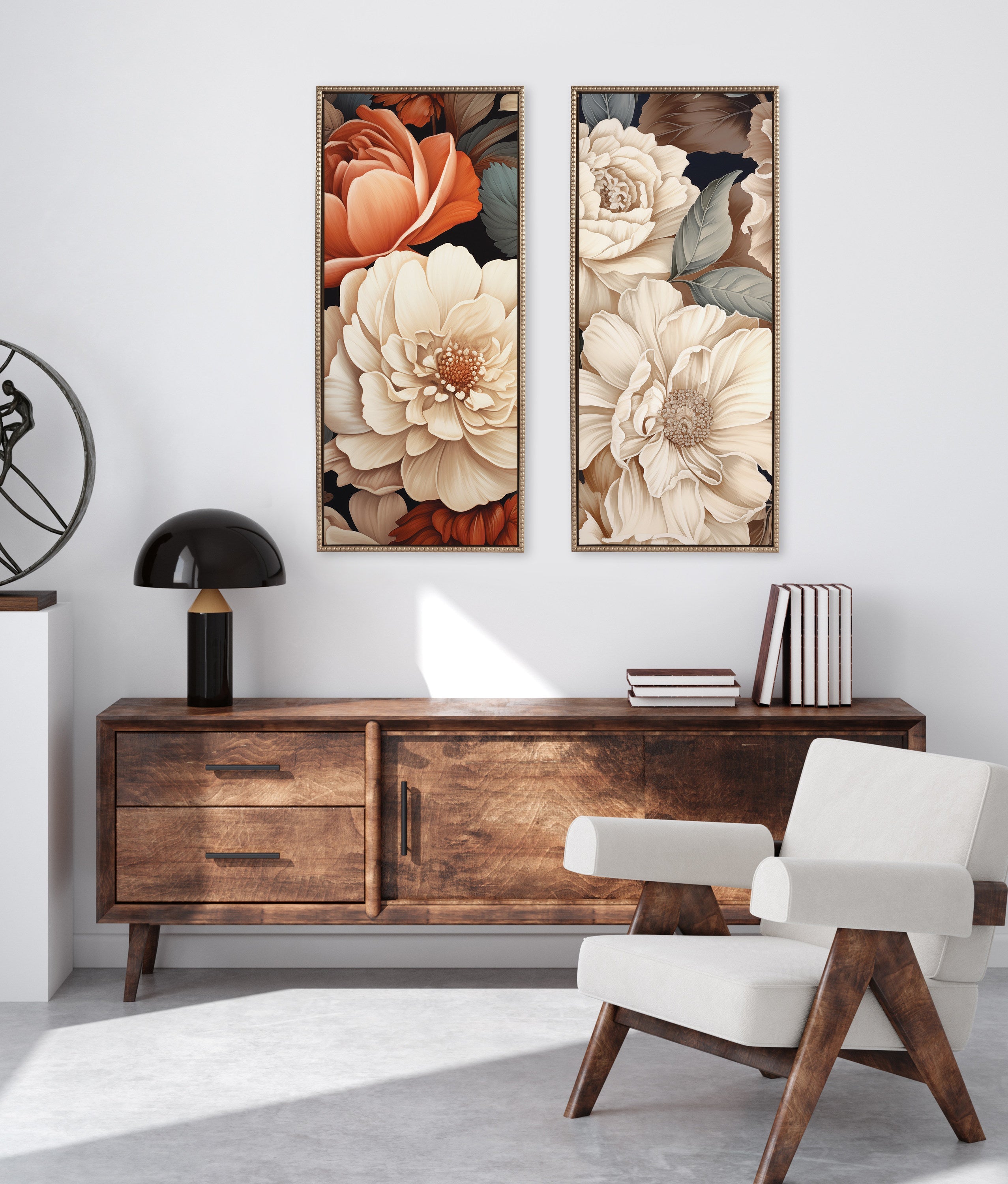 Sylvie Beaded Romantic Ivory and Peach Flora Framed Canvas by The Creative Bunch Studio
