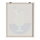 Back view of a framed print showing supporting clips and wooden frame edges against a white background.