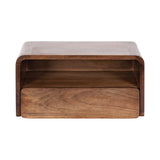 Rectangular wooden side table with rounded top edges, featuring an open shelf above a single drawer with natural wood grain.
