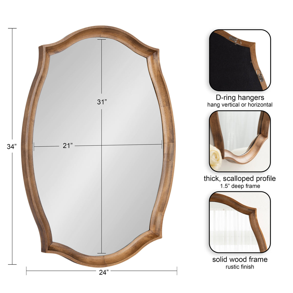 Tall wall mirror with scalloped solid wood frame in rustic brown, featuring a thick profile and D-ring hangers for vertical or horizontal mounting, measuring 34x24 inches.