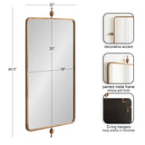 Rectangular mirror with rounded corners, antique gold painted metal frame, topped and bottomed with decorative spherical accents, with D-ring hangers for vertical or horizontal mounting.