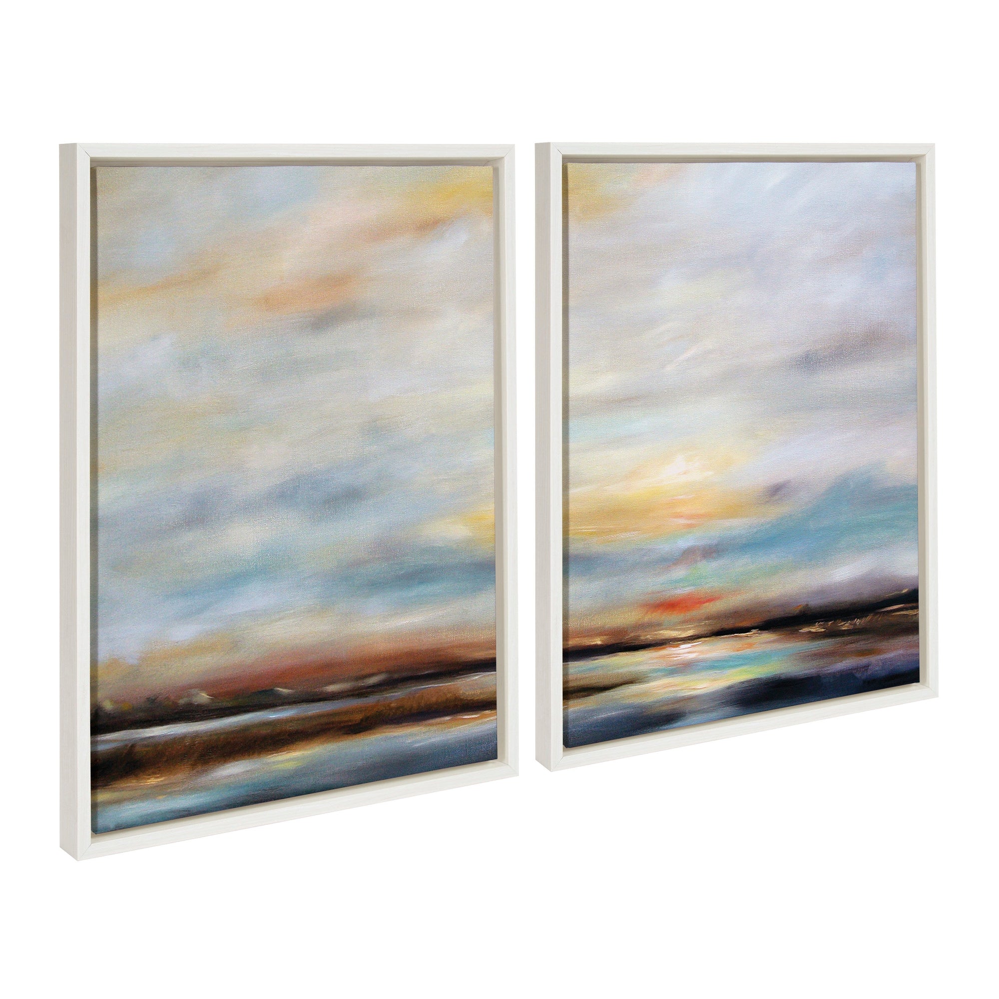 Sylvie Carolina Sunset Diptych Framed Canvas Art Set showing two panels of a Carolina sunset scene in floating frames