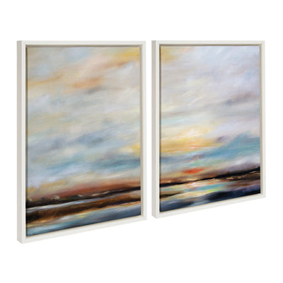 Sylvie Carolina Sunset Diptych Framed Canvas Art Set showing two panels of a Carolina sunset scene in floating frames