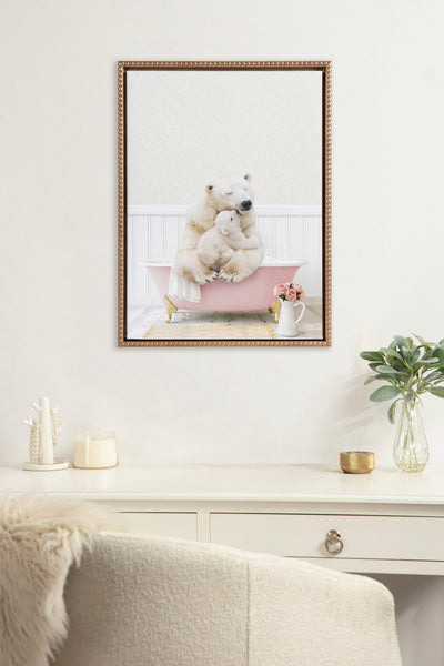 Sylvie Beaded Mother and Baby Polar Bear in Cottage Rose Bath Framed Canvas by Amy Peterson