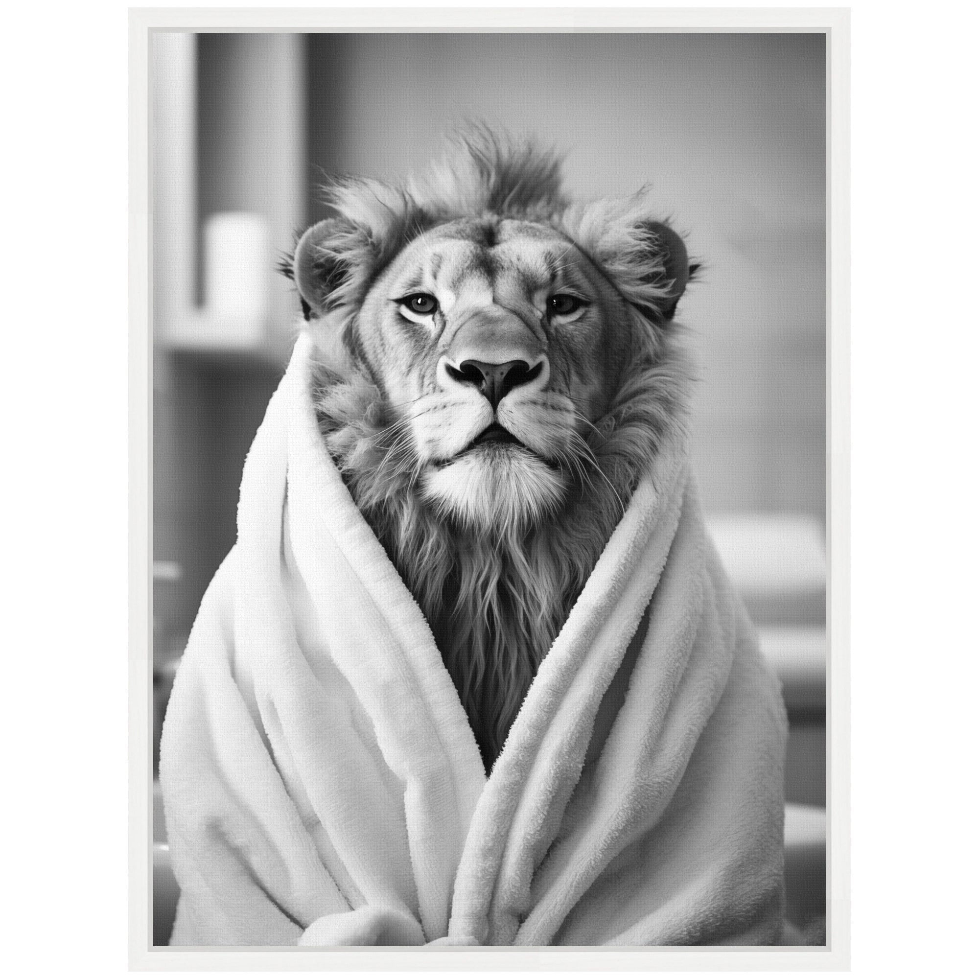 Sylvie Lion Bathroom Art Towel Robe Black and White Framed Canvas