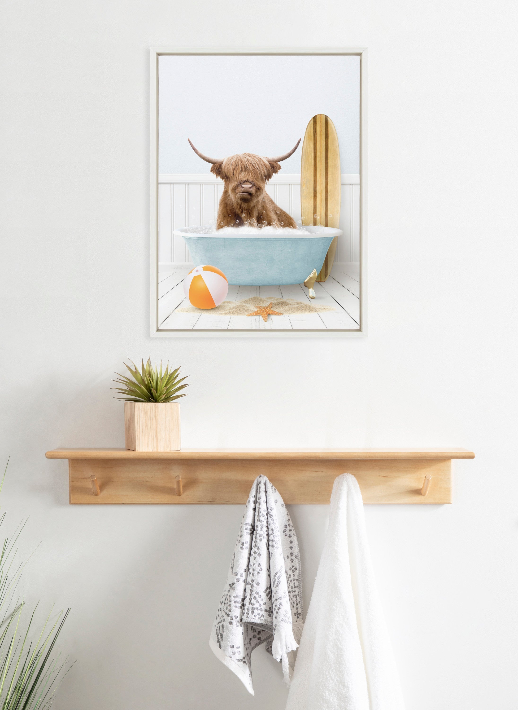 Sylvie Highland Cow Beach House Bath with Surfboard Framed Canvas by Amy Peterson
