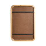 Back view of rectangular framed pinboard with rounded corners, light wood frame, brown fabric surface, and two horizontal black metal support bars.
