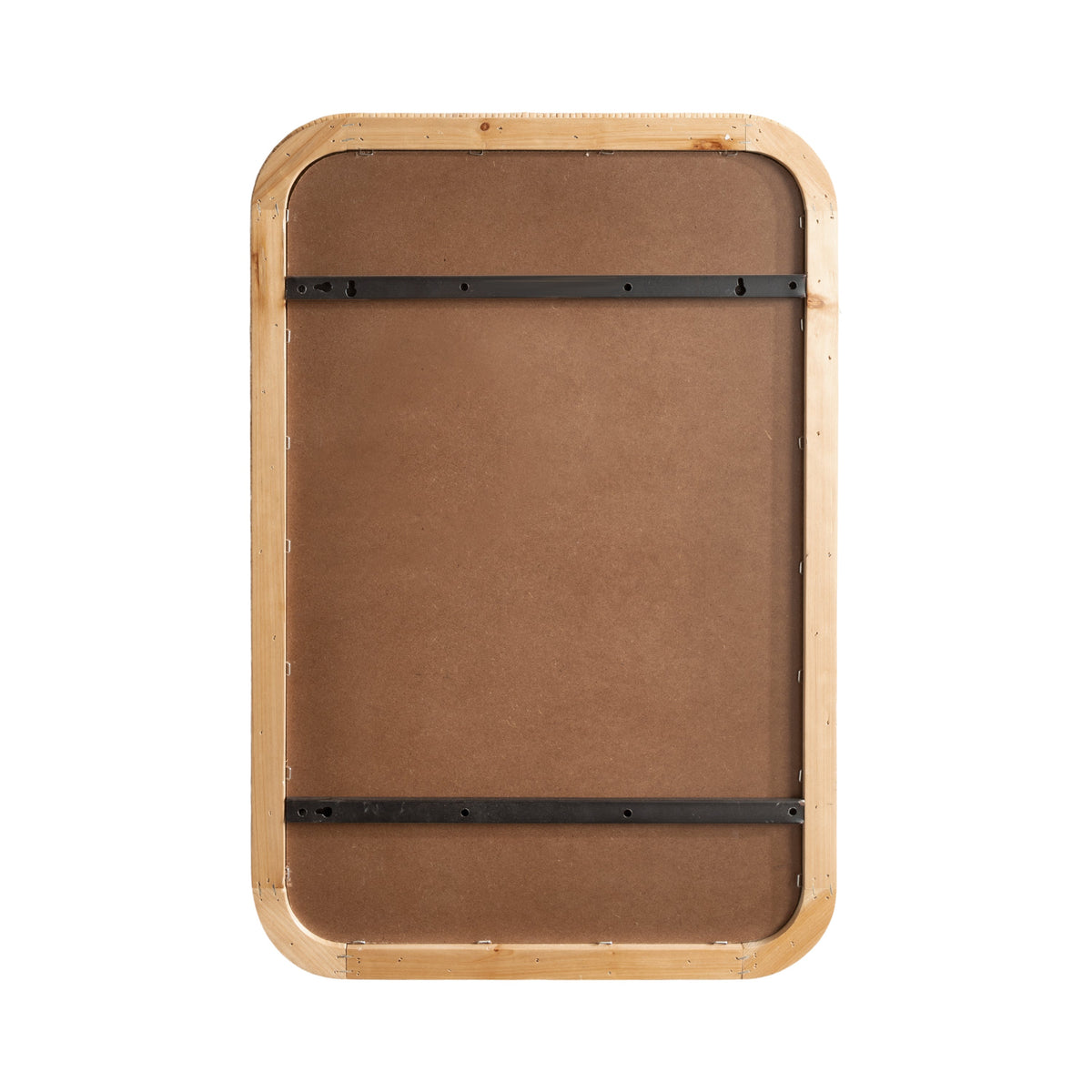 Back view of rectangular framed pinboard with rounded corners, light wood frame, brown fabric surface, and two horizontal black metal support bars.