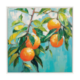 Painting of orange tree branches with ripe oranges and green leaves against a textured blue background in a white frame