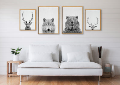 Sylvie Deer, Wolf, Bear European and Cervus Elaphus Black and White Framed Canvas Art Set