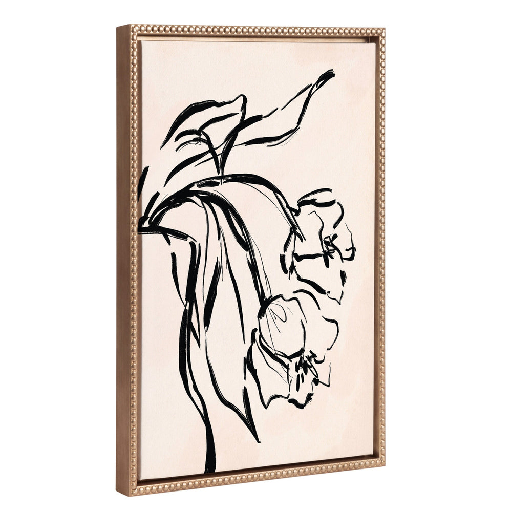 Sylvie Beaded LV Floral 3 framed canvas with black floral sketch art and vintage beaded gold frame