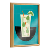 Framed art print depicting a stylized mojito cocktail with green leaves, ice cubes, and a lime wedge on a bright teal background with geometric square outlines.