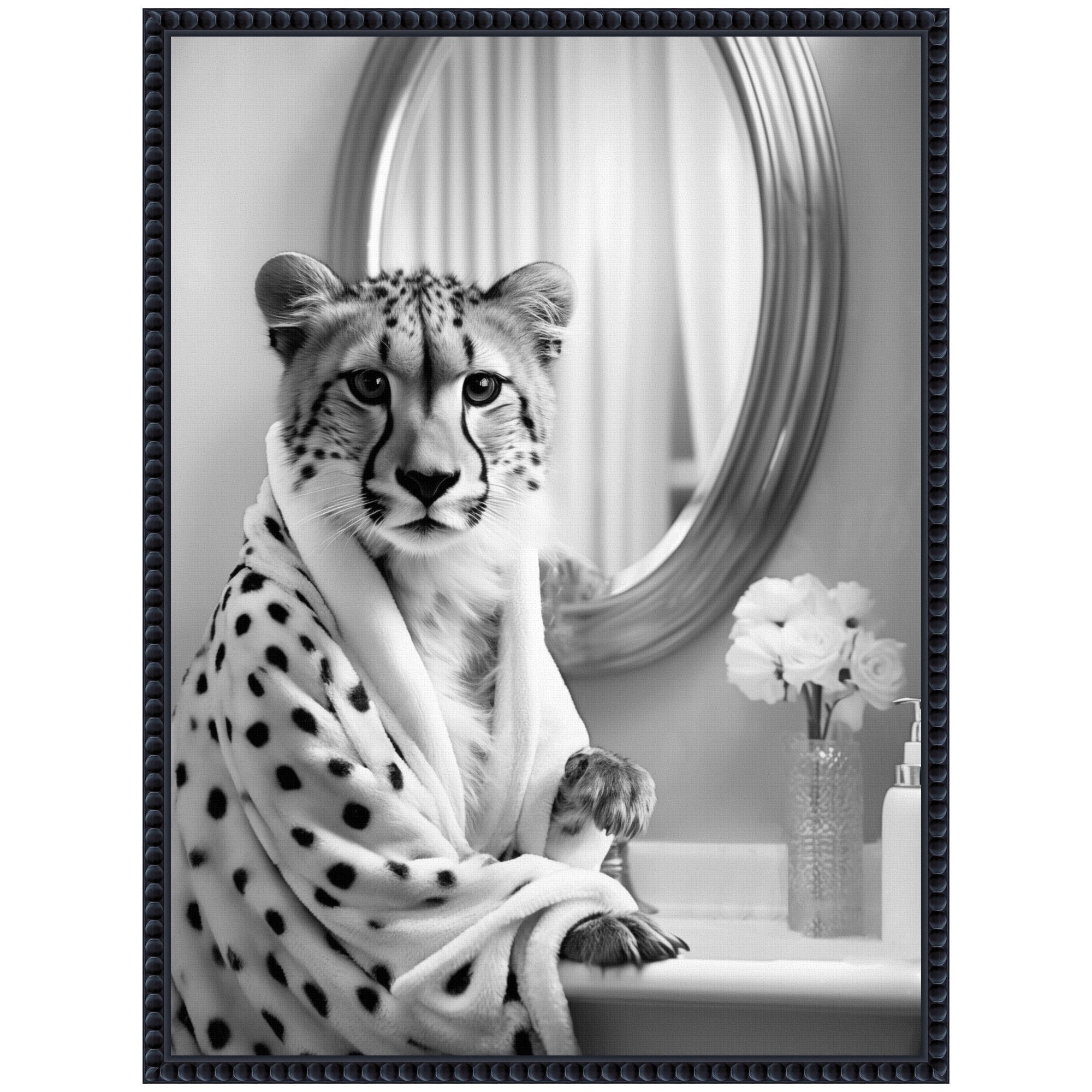 Sylvie Cheetah Glam Bathroom Towel Robe Black and White Framed Canvas
