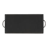 Rectangular black hammered metal tray with raised edges and two semi-circular handles on the shorter sides, shown from above on a white background