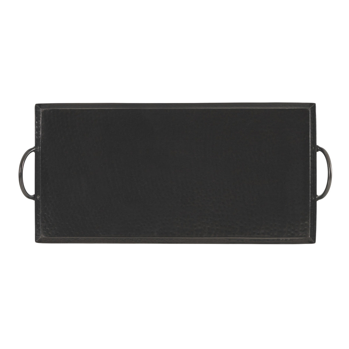 Rectangular black hammered metal tray with raised edges and two semi-circular handles on the shorter sides, shown from above on a white background