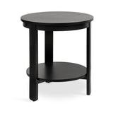 Black round wooden side table with a lower circular shelf and three straight legs, shown on a white background in slight perspective.