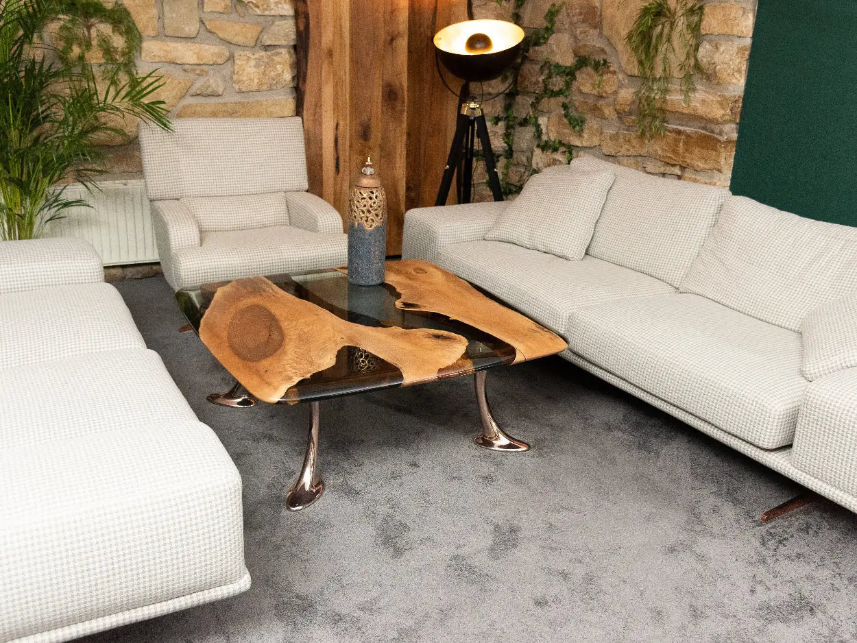 Luxury Epoxy Resin River Walnut Coffee Table with aluminum cast legs from the Osso Collection