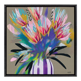 Abstract bouquet of bright, multicolored flowers with bold brushstrokes in a white vase featuring vertical purple stripes on a muted taupe background.