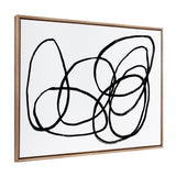 Abstract artwork featuring continuous thick black loops intertwined on a white canvas, framed in a textured light brown wooden frame.